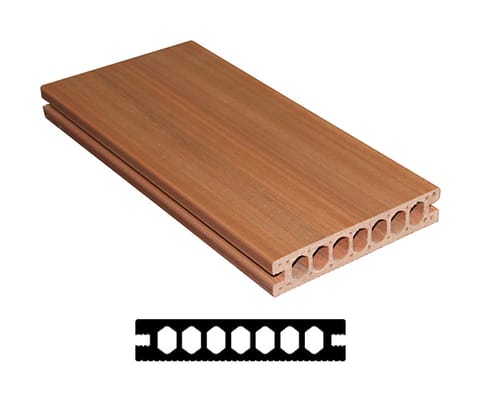 Biowood 140 x 28 mm hollow decking board in a warm brown woodgrain, shown in 3D above its multi-cavity profile drawing
