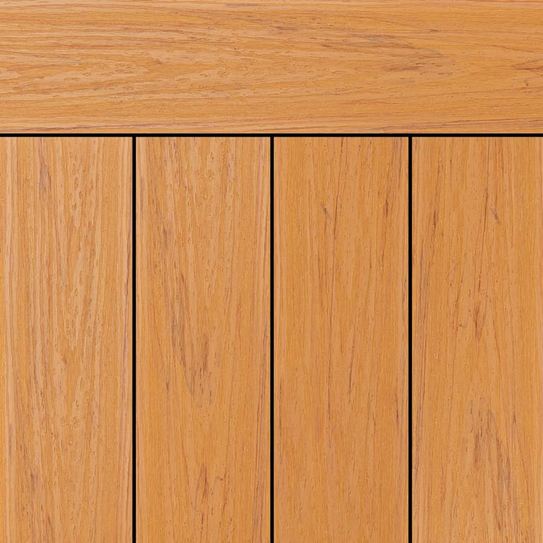 OneDeck SnapDeck Outback PVC deck boards laid side by side under a matching fascia, in golden orange-tan