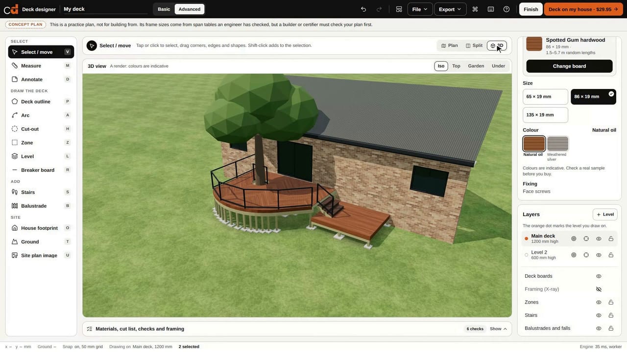 The deck designer’s 3D view of a deck with a curved edge, a tree cut-out, a balustrade and stairs down to a lower deck