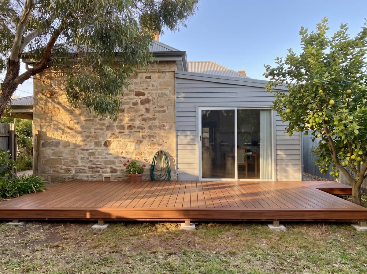 AI picture of the same house with a deck in ModWood Natural Grain, Jarrah, at golden hour