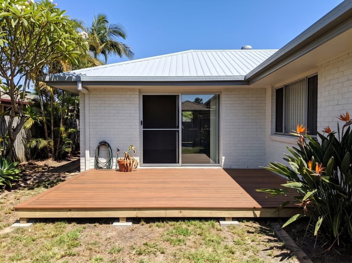 AI picture of the same house with a deck in NewTechWood Terrace, Teak, in daylight