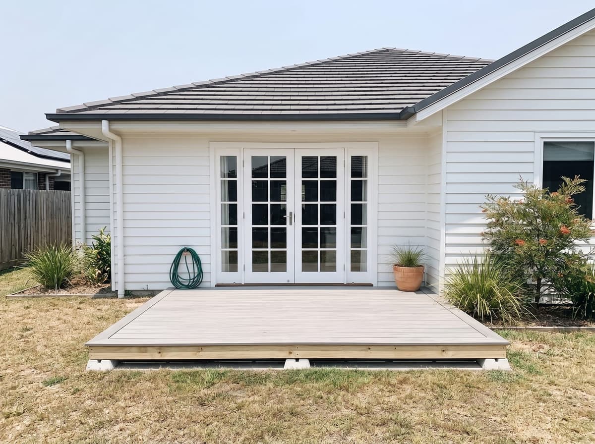 AI picture of the same house with a deck in WoodEvo Advanced, Antique Silver, in daylight