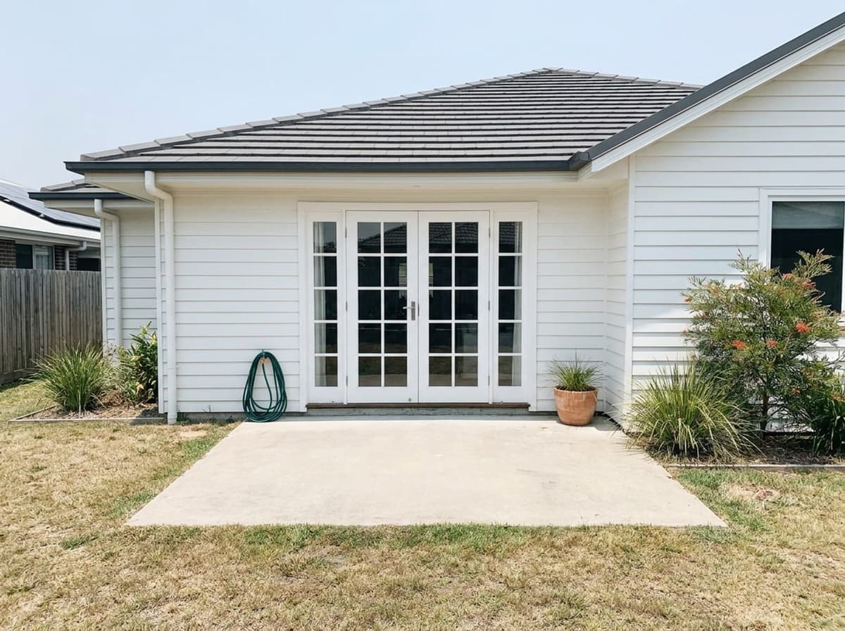 AI-generated photo of the back of a Hamptons-style weatherboard house in Sunshine Coast, before the deck