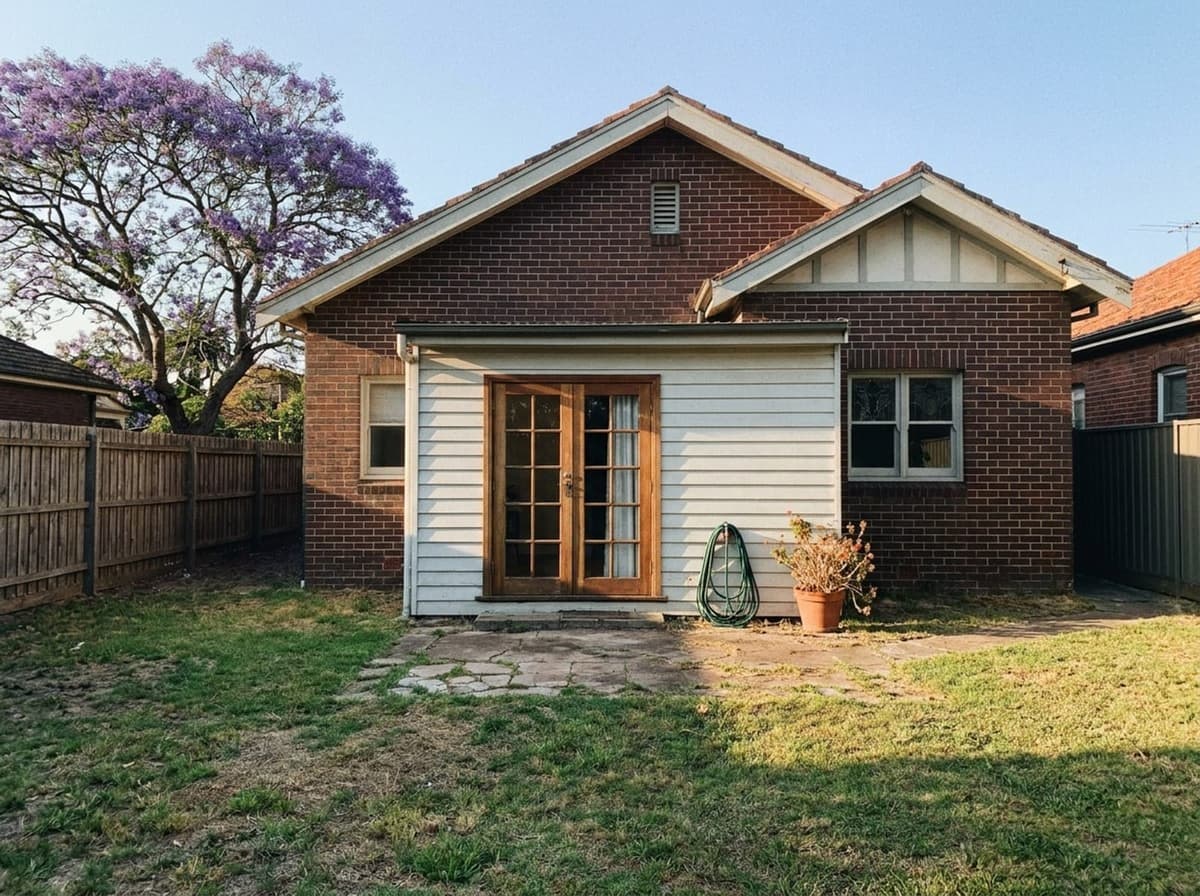 AI-generated photo of the back of a Californian bungalow in Sydney, before the deck