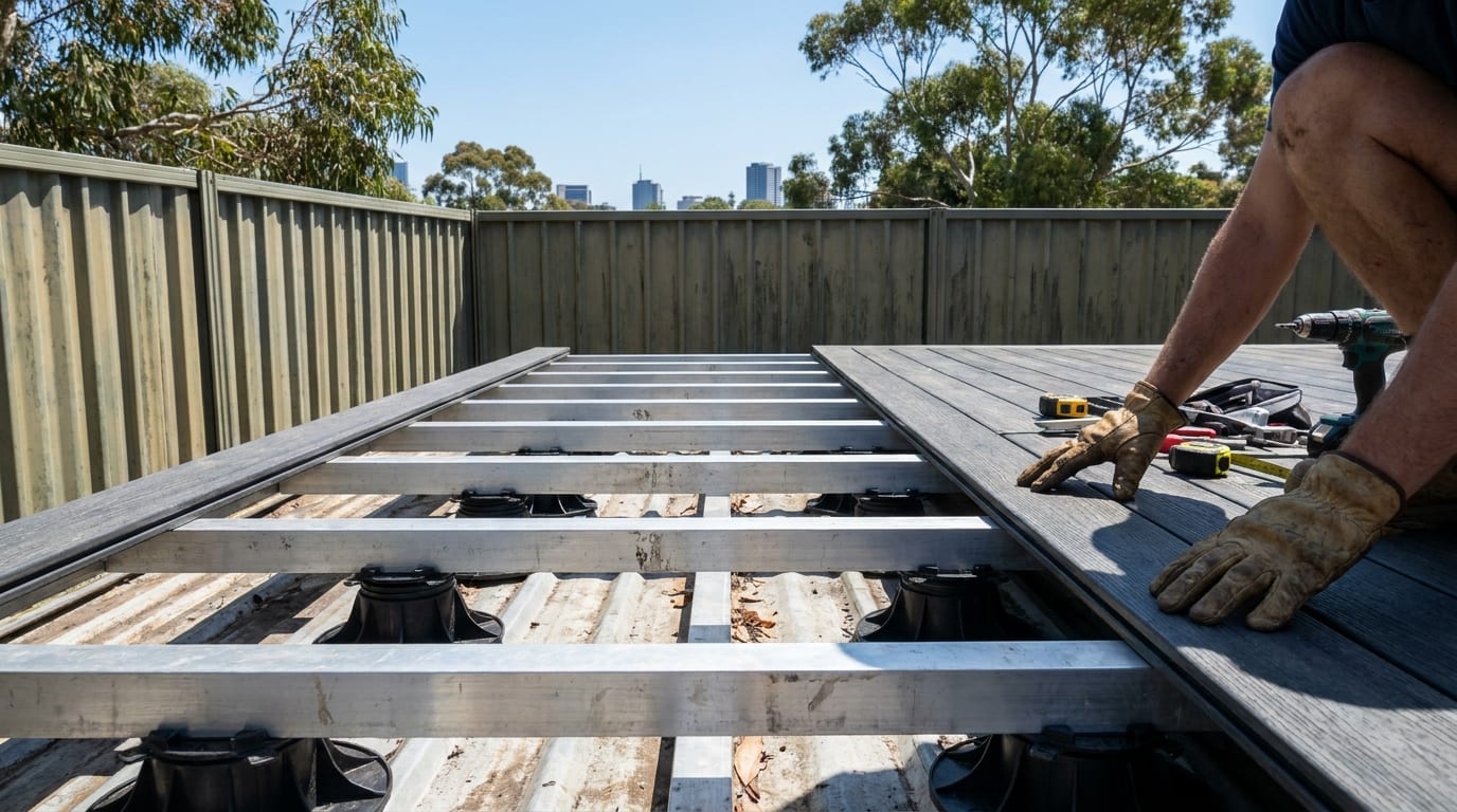 Silver aluminium joists on black adjustable pedestals over a corrugated metal surface, with a gloved worker laying dark grey composite boards from one side and city towers beyond the fence.