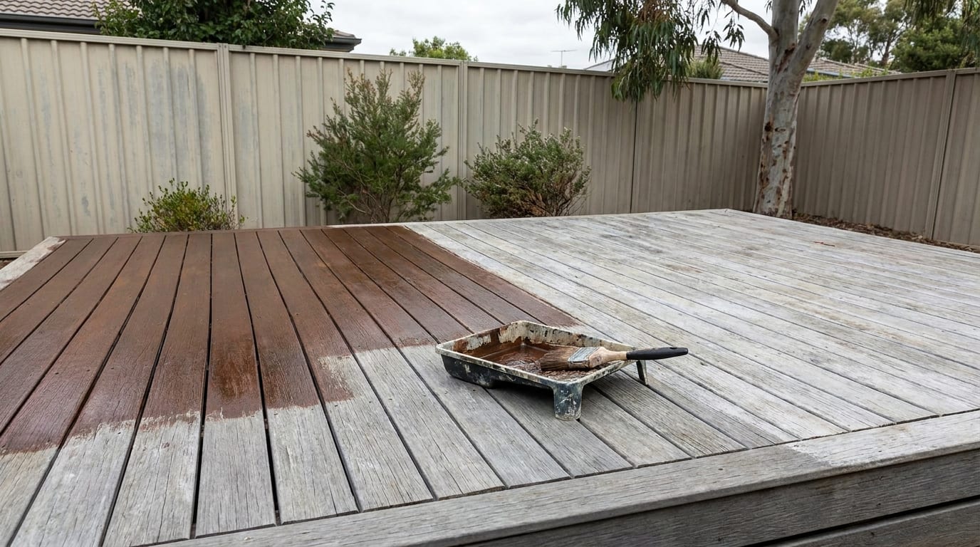 A faded silver-grey deck with the boards on the left freshly coated in reddish-brown stain, and a paint tray holding stain and a brush resting on the bare grey boards.