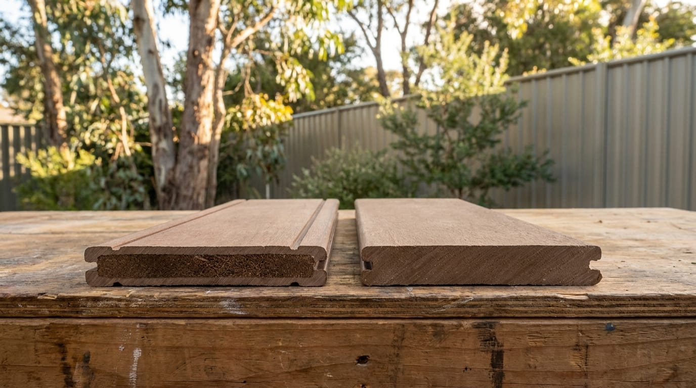 Cut ends of two brown composite boards on an outdoor workbench, the left one showing a thin outer layer around a darker fibrous core and the right one the same colour all the way through, with gum trees and a grey fence behind