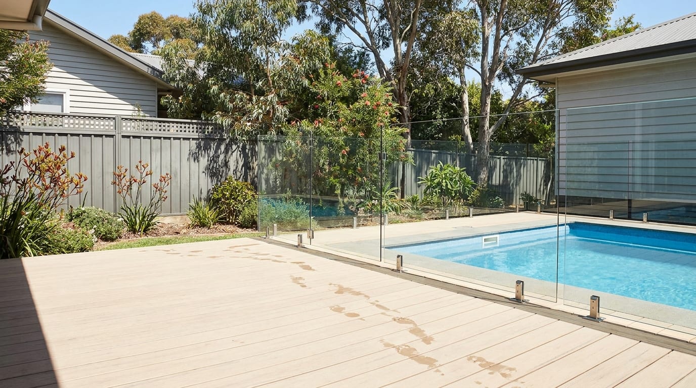 Wet footprints cross a light sand-coloured composite deck that runs up to a glass pool fence, with a blue in-ground pool beyond it in bright sun.