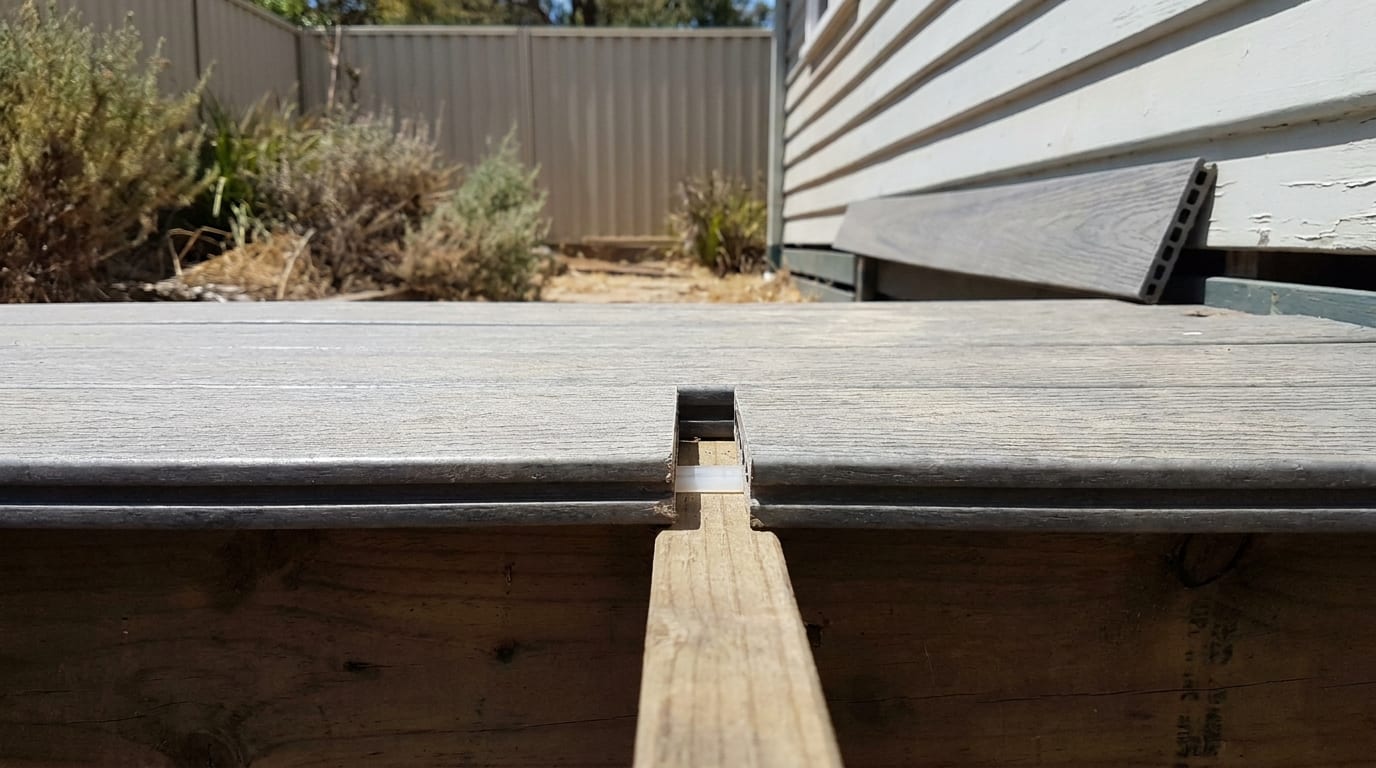 A low view along a grey composite deck where two board ends meet over a timber joist with a small gap and a clear plastic spacer in it, in bright sun, with a loose hollow-core board leaning against a weatherboard wall behind.