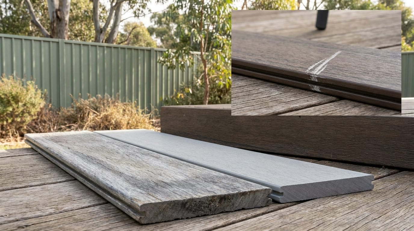 A weathered grey deck board lying beside a fresh light-grey grooved board on an old timber deck, with an inset close-up of white scratch marks on a dark brown board next to a black chair leg