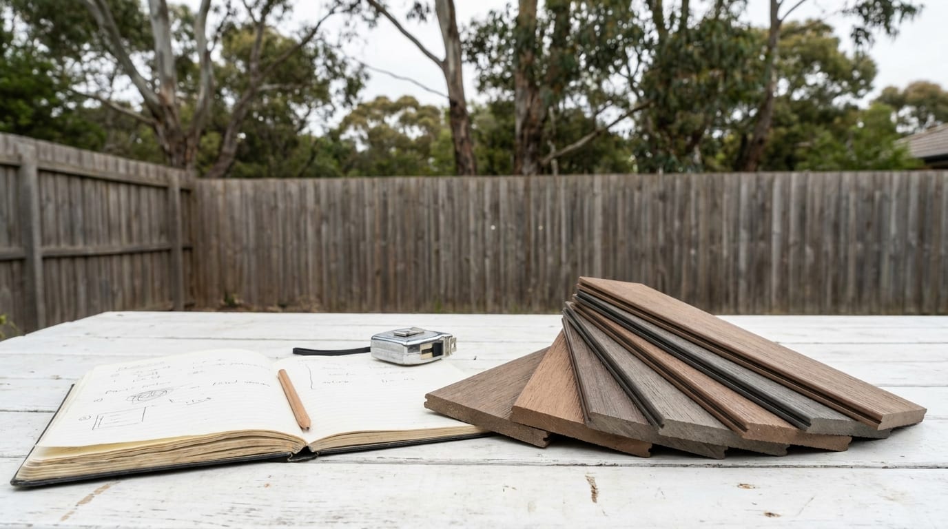 Composite deck samples in browns and greys laid in an overlapping row on a white-painted outdoor table beside an open notebook with sketches, a pencil and a tape measure, with a paling fence and gum trees behind
