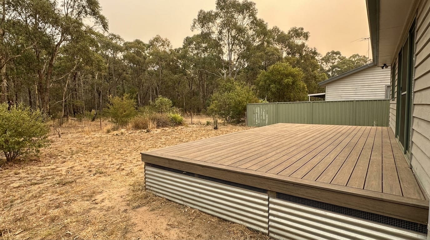 A brown composite deck on the back of a weatherboard house, its subfloor skirted with corrugated steel and a strip of mesh under the edge, facing dry grass and gum forest under a hazy orange sky.