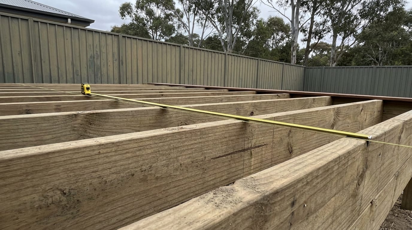 A low view across a new treated pine deck frame with deep joists at close, even spacing and a yellow tape measure stretched over their tops, with a green steel fence and gum trees behind under a grey sky.