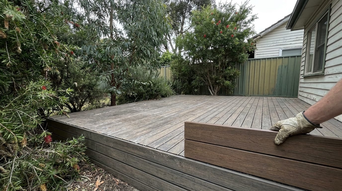 A gloved hand holds two new brown deck boards against the edge of an older, greyer deck beside a weatherboard house, with red-flowering shrubs and gum trees around it under an overcast sky