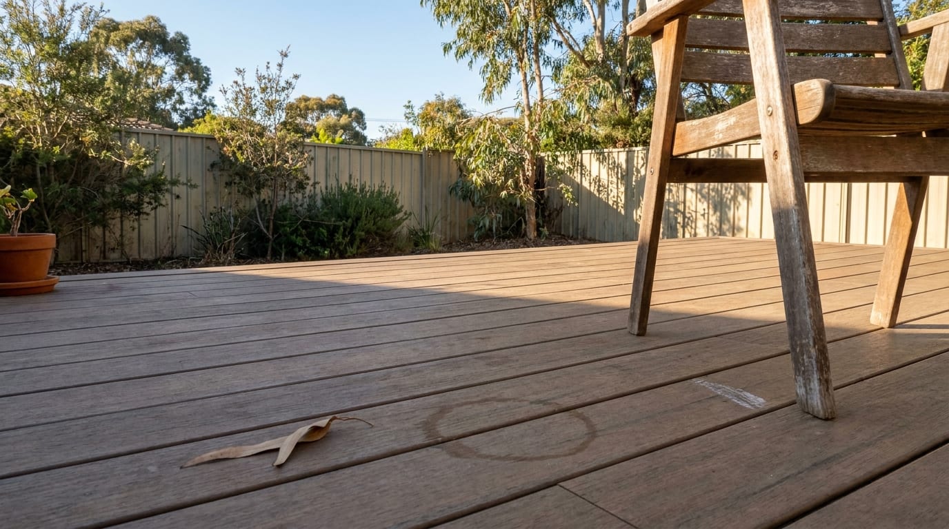 A sunlit brown composite deck with a dried gum leaf, a ring-shaped water mark and a pale scuff beside the leg of a weathered timber chair, with a terracotta pot at the edge.