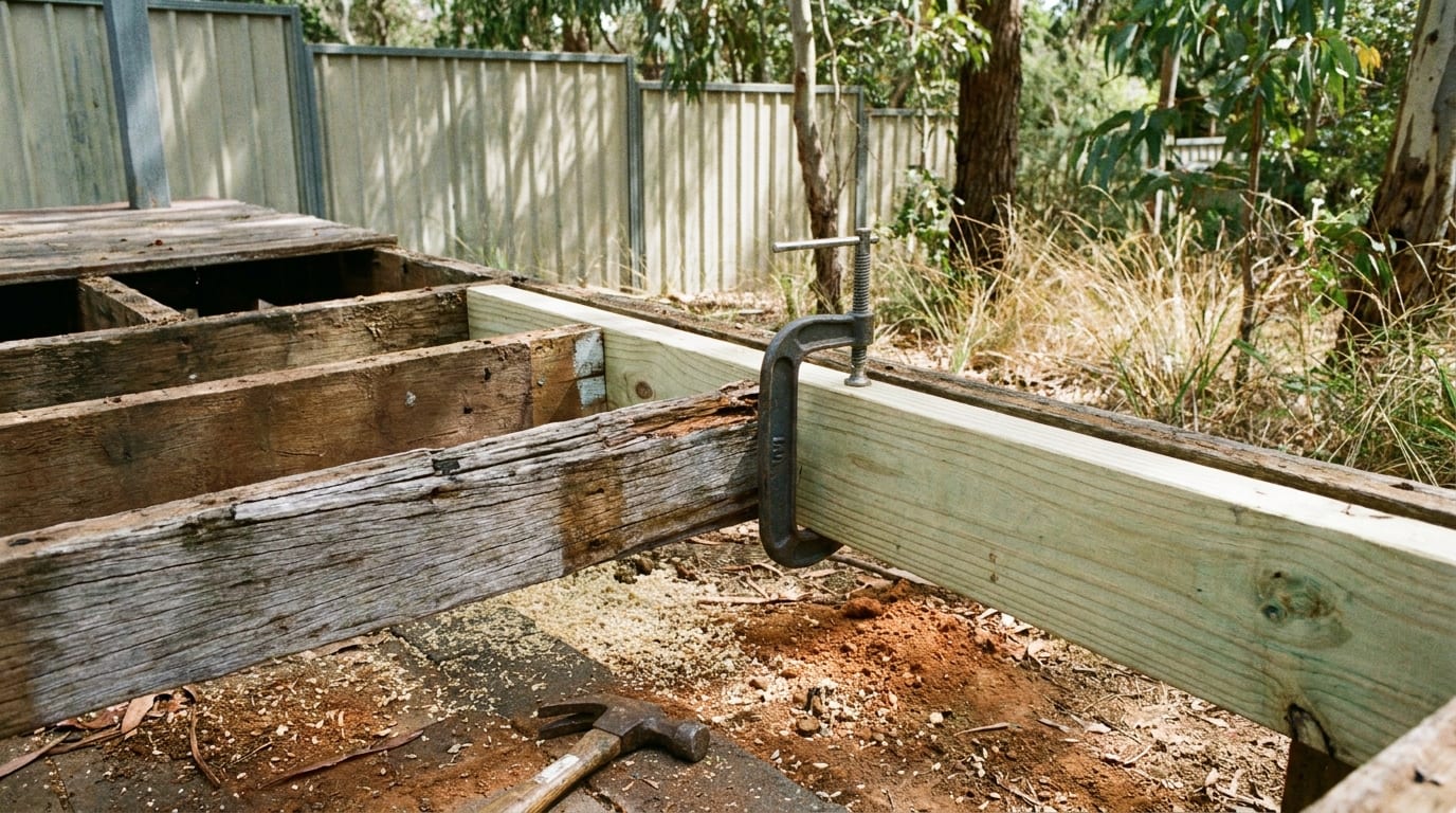 A weathered grey timber deck frame with most of its boards lifted, the old joists split and stained at the ends, and a new pale green treated pine joist held beside an old one with a G-clamp.