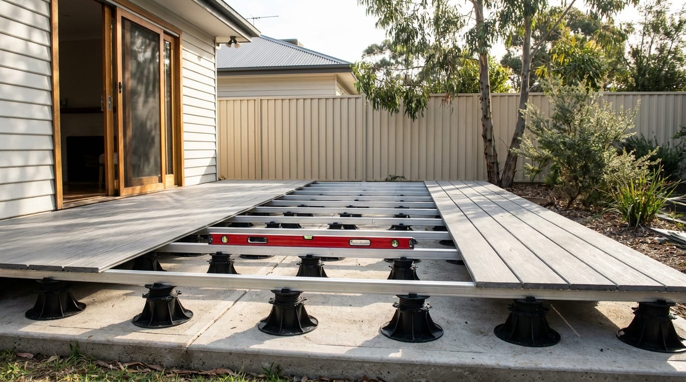 A part-laid grey composite deck over a concrete slab, with the middle left open to show aluminium joists on black adjustable pedestals and a red spirit level lying across them, beside timber-framed sliding doors.