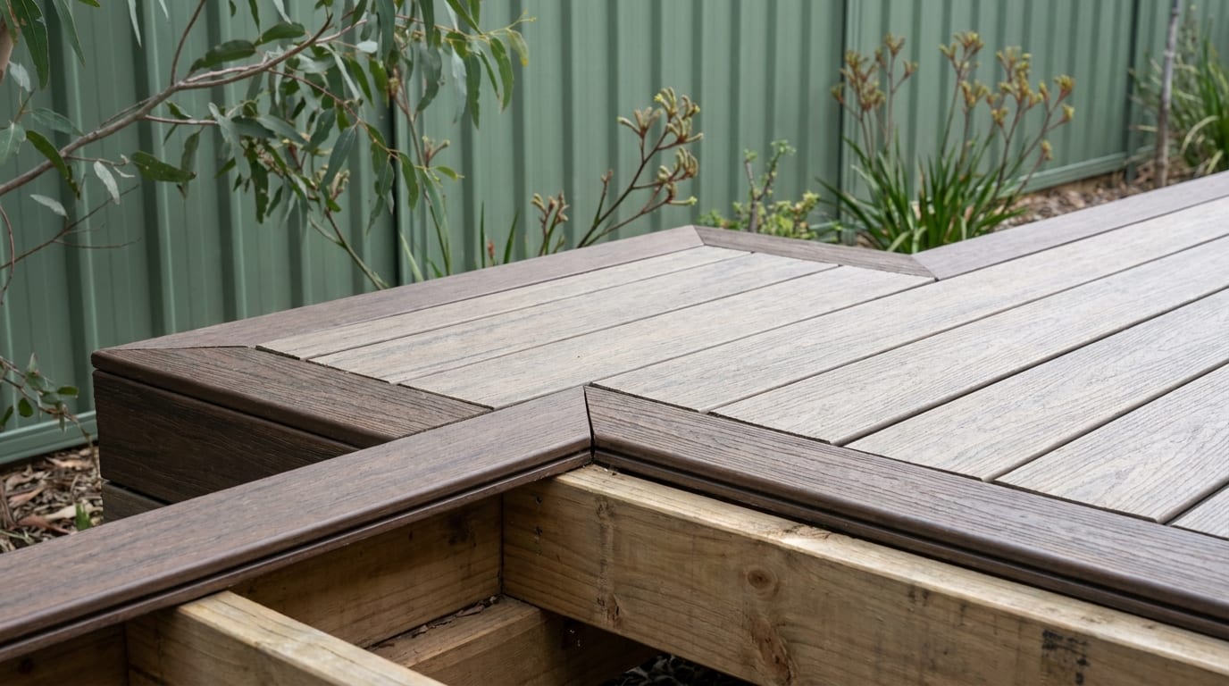 The corner of a composite deck with dark brown border boards mitred around lighter grey-brown field boards, the treated pine frame showing beneath the open edge, and a green fence and kangaroo paws behind.