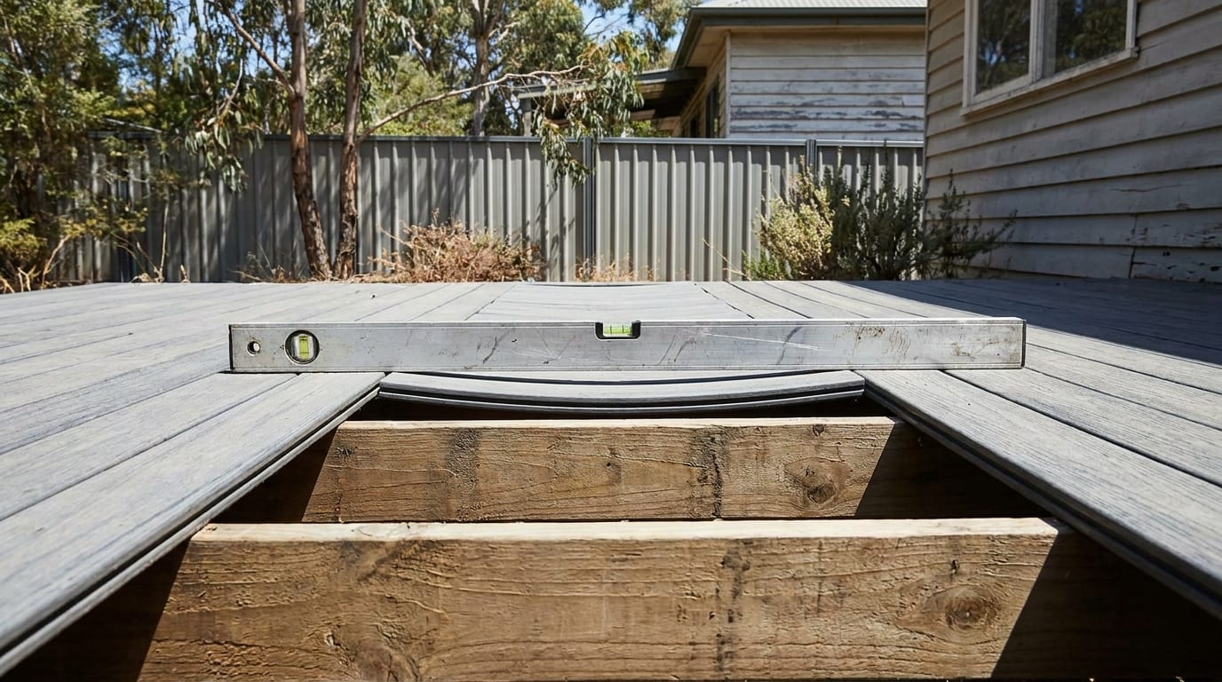 A spirit level laid across grey composite deck boards shows one board sagging in a curve between timber frame members, beside a weatherboard house in bright sun.