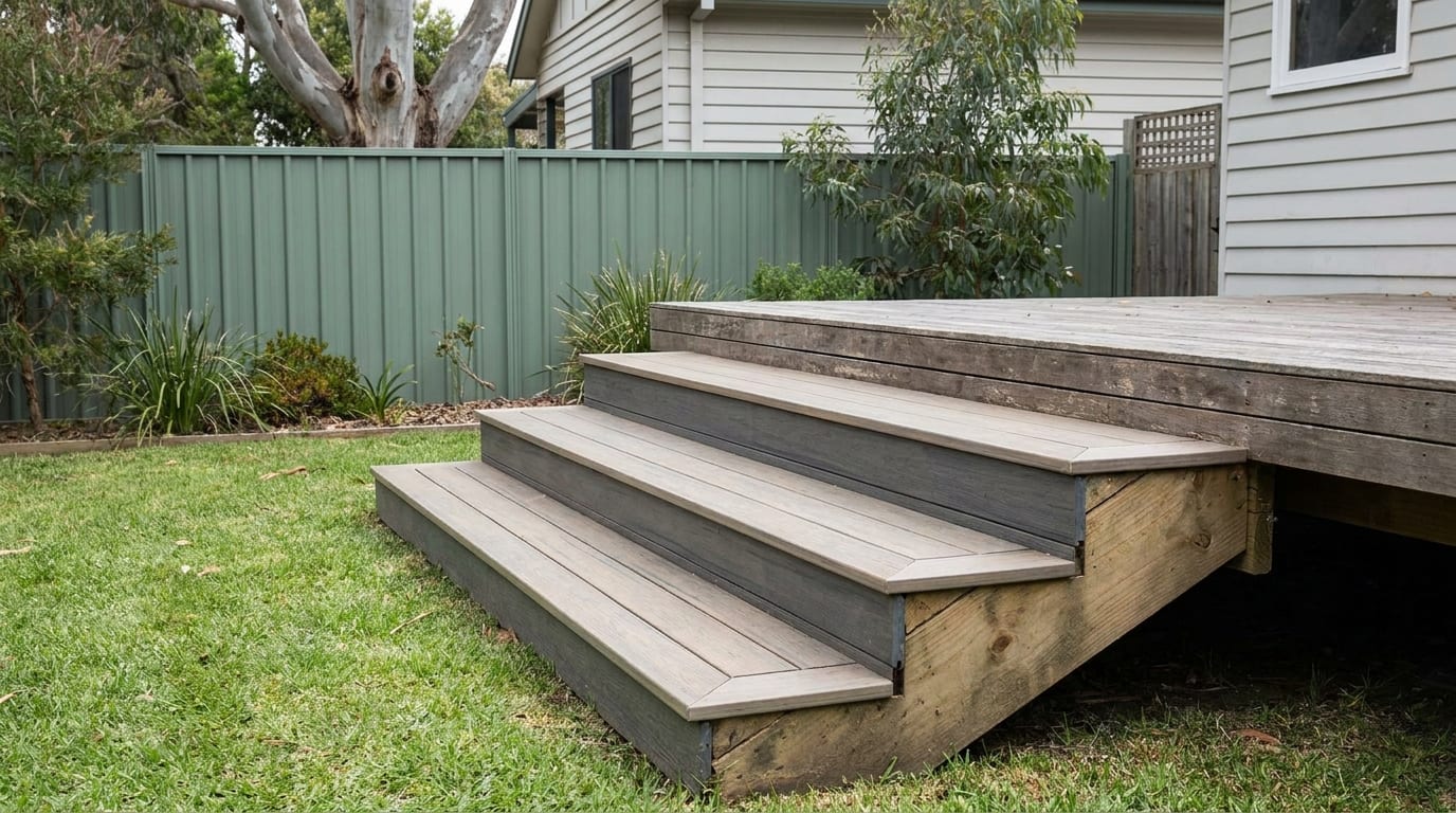 A short flight of wide composite steps leads down from a deck to a lawn, with picture-framed light grey treads, darker grey riser boards and a treated pine stringer showing at the side.
