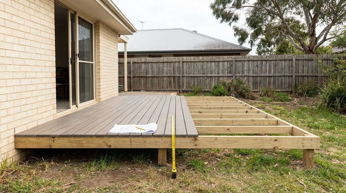 A low timber-framed deck under construction behind a brick house, with a council notice pinned to the fence and a tape measure held against a post to check its height above the lawn