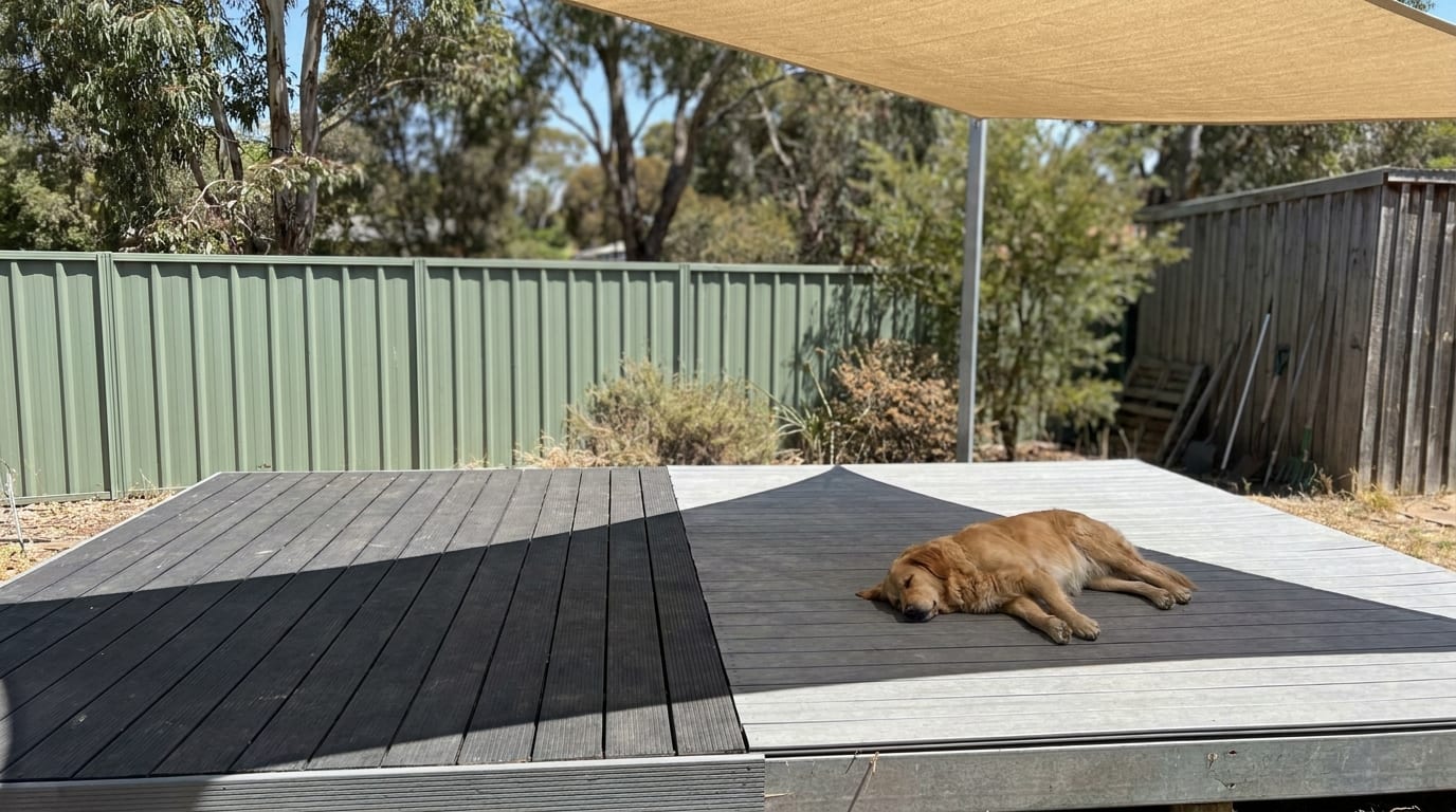 A backyard deck split between charcoal and light grey composite boards in bright sun, with a golden dog asleep on the grey boards in the shadow of a shade sail and gum trees behind the fence.