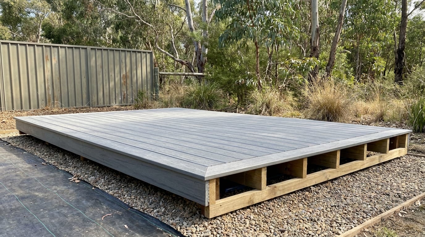 A low light grey composite deck with a border board sits on a bed of river pebbles, with black weed mat in the foreground and one open end showing the treated pine frame and the air space under it, gum trees behind.