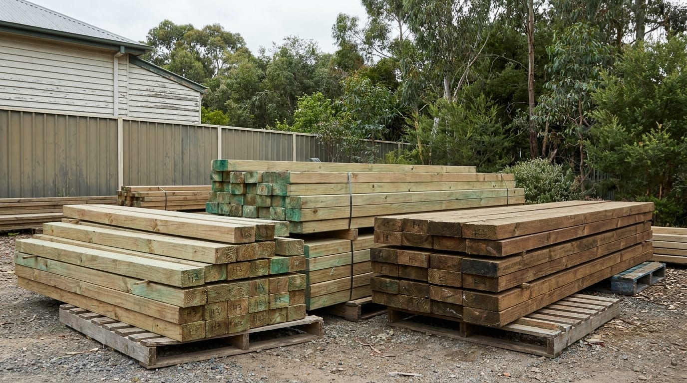 Stacks of treated pine on pallets in a gravel yard, with H3 stamped on the ends of the pale green lengths and a stack of darker brown timber beside them.