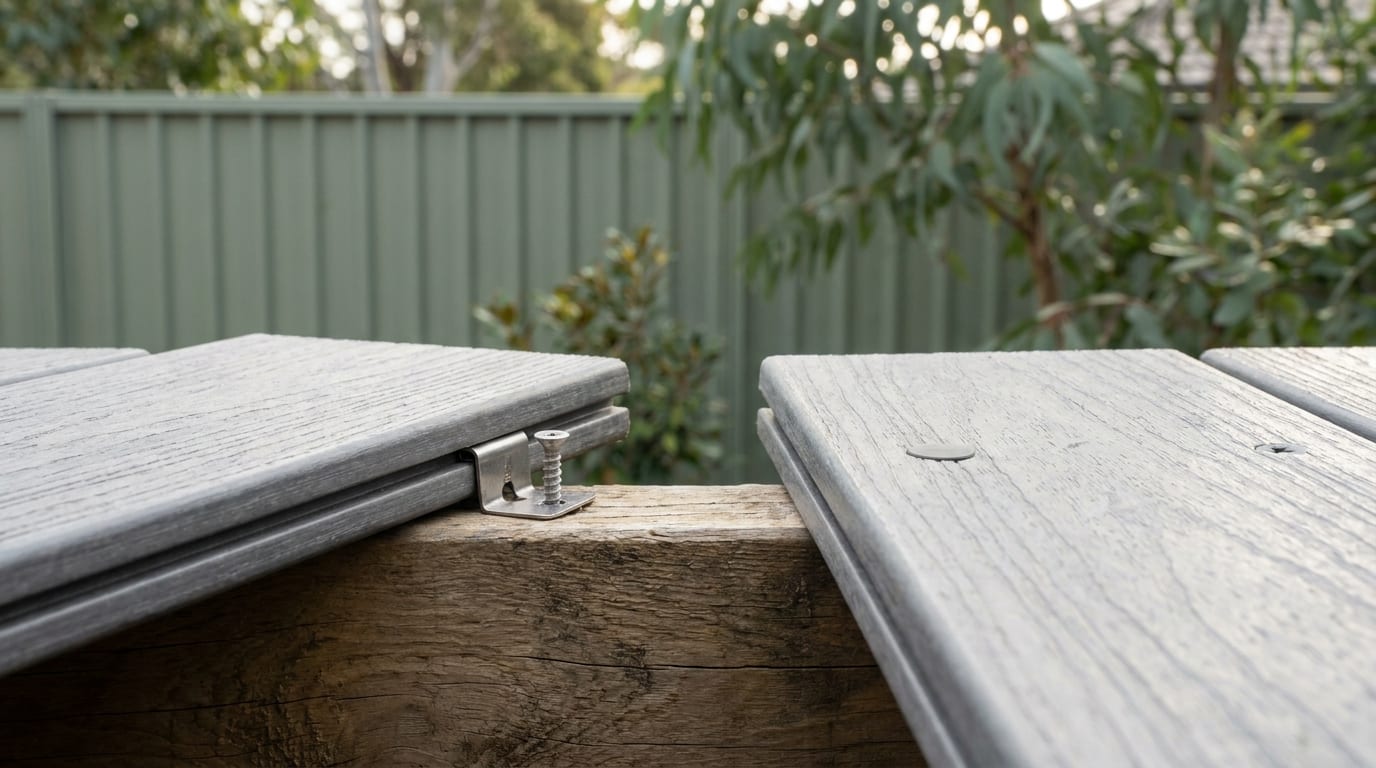 A close-up at joist height of a stainless hidden clip seated in the edge groove of a grey composite board, its screw not yet driven, beside a face-fixed board with a round colour-matched plug in its surface.