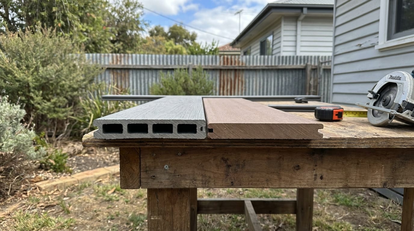 A grey hollow-core composite board with four chambers lying beside a solid red-brown board on a timber workbench, cut ends facing the camera, with a tape measure and a circular saw beside them