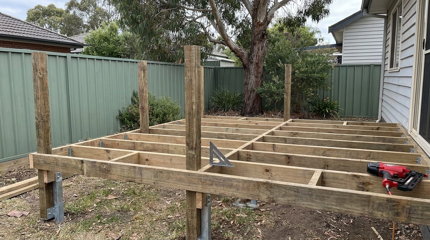 A half-built treated pine deck frame beside a weatherboard house, with posts on galvanised stirrups, joists with rows of blocking, and a triangular square and a red nail gun resting on the frame.