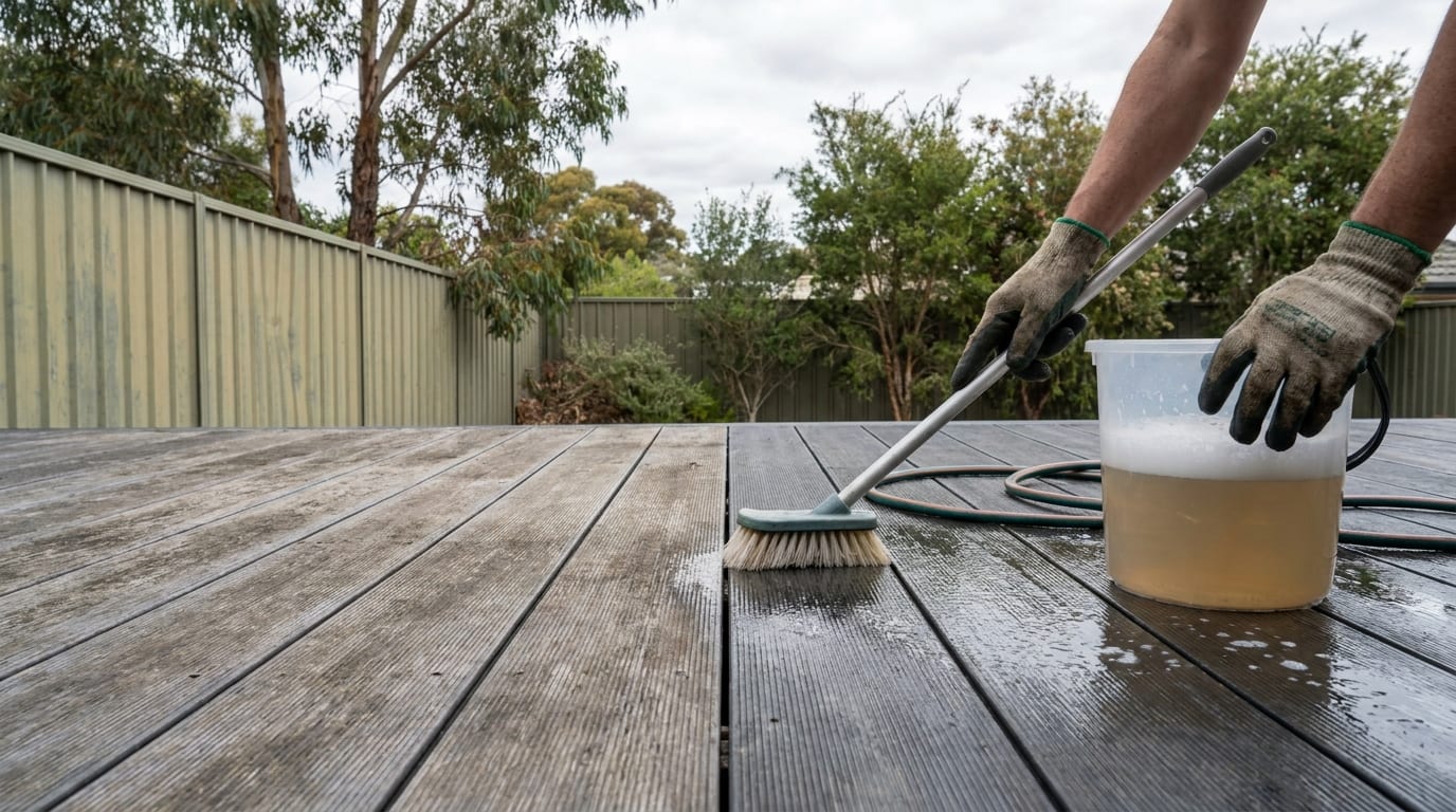 Gloved hands scrub a grey composite deck with a long-handled brush beside a bucket of soapy water and a garden hose, the scrubbed boards wet and darker than the dry, weathered ones.