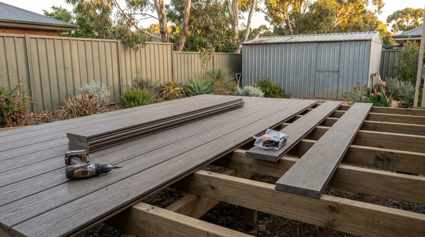 A part-laid grey-brown composite deck on a treated pine frame in low sun, with a cordless drill and a stack of loose boards on the laid section and a bag of fixings on a board resting across the open joists.