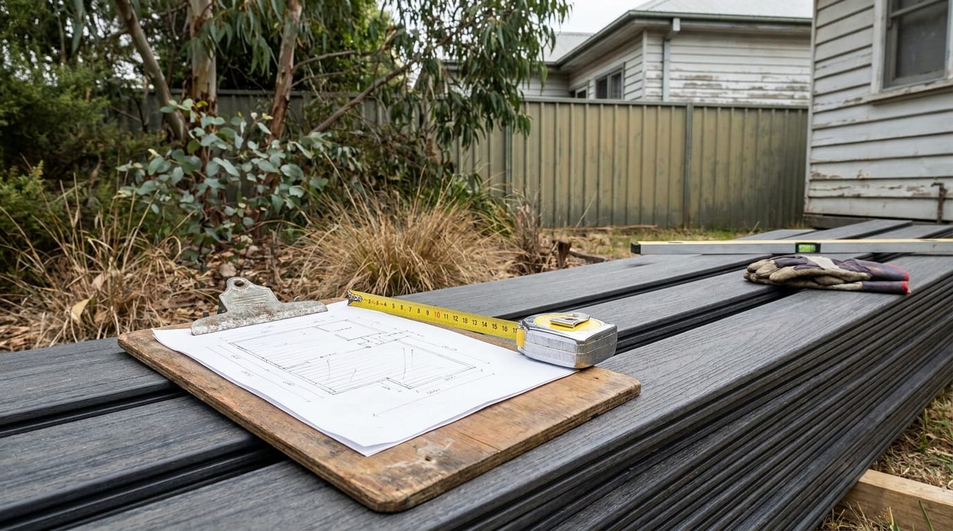 A clipboard with a hand-drawn deck plan and a yellow tape measure rests on a stack of dark grey deck boards, with a spirit level and work gloves further along and a backyard fence and weatherboard house behind