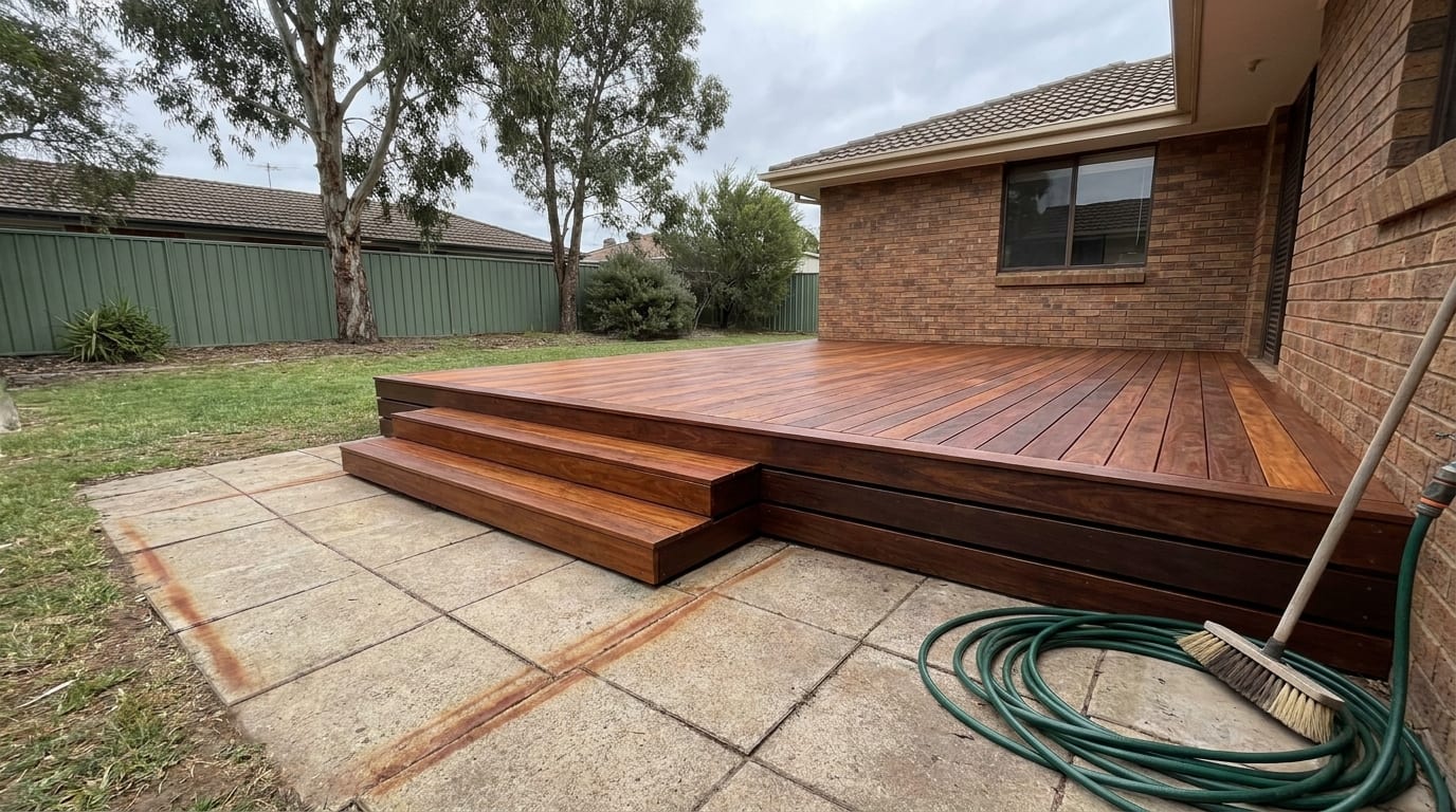 A newly oiled reddish-brown merbau deck behind a brick house, stepping down onto pale concrete paving that carries faint brown drip marks below the deck edge, with a coiled garden hose, a green steel fence and gum trees behind under an overcast sky.
