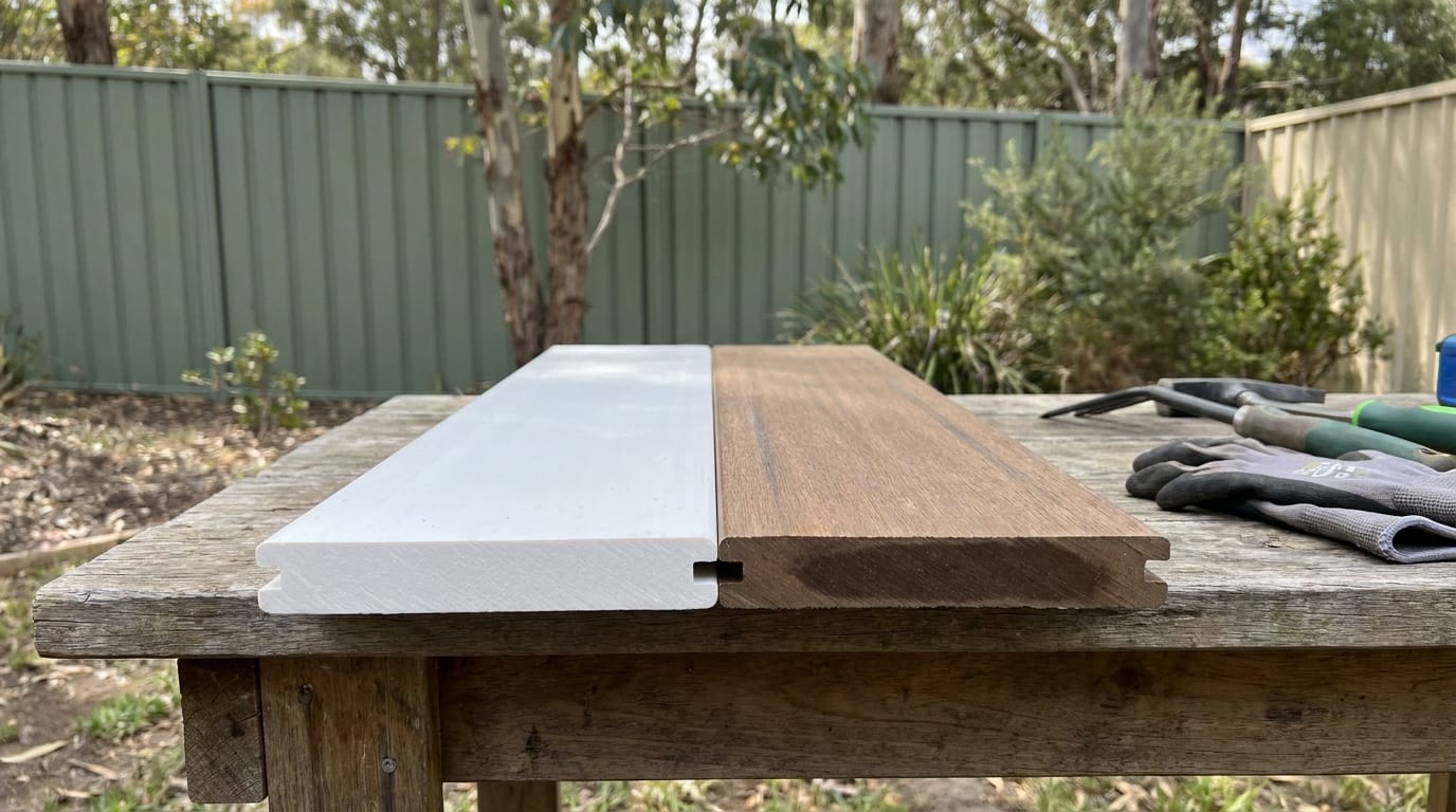 A white grooved deck board and a brown wood-grain grooved board lie side by side on a weathered outdoor table, cut ends facing the camera, with gardening gloves and tools beside them and a green steel fence behind