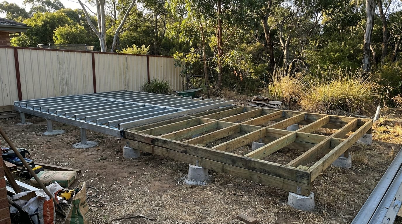 A galvanised steel deck frame with closely spaced joists on steel posts beside a smaller treated pine frame with noggings on concrete piers, in a backyard with a metal fence and gum trees behind.