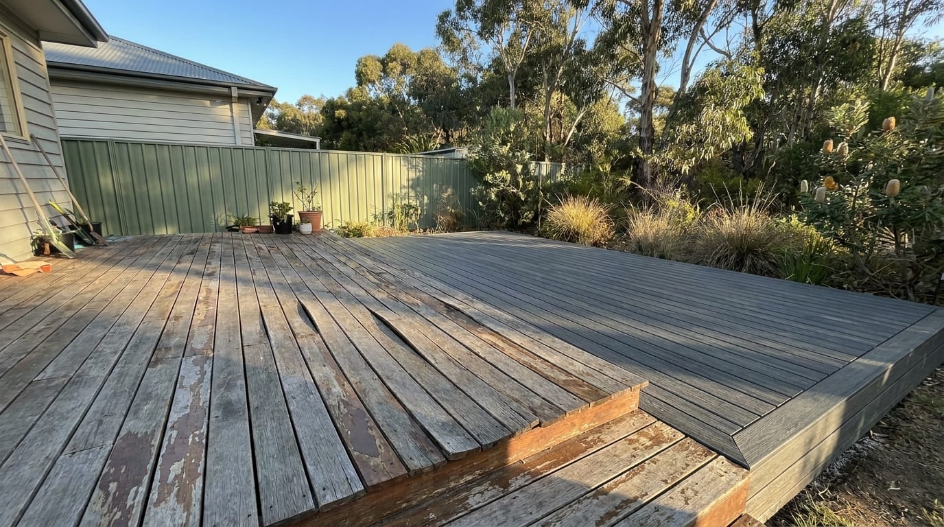 A weathered timber deck with peeling finish and a few lifted boards sits beside a newer grey composite deck in the same backyard, with a weatherboard house, green steel fence and gum trees behind in low afternoon sun